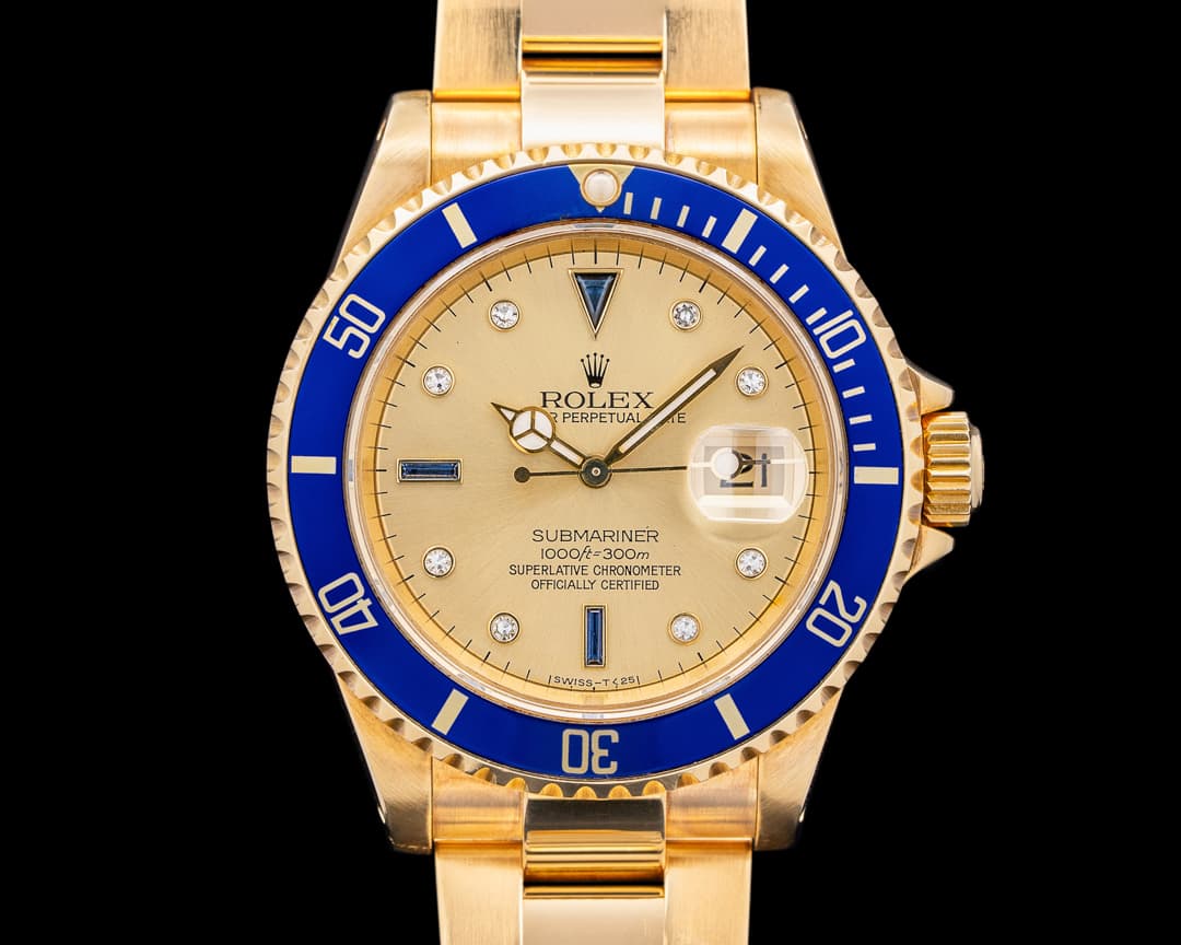 Rolex Submariner 16618 18K Yellow Gold Champagne Serti Dial RARE