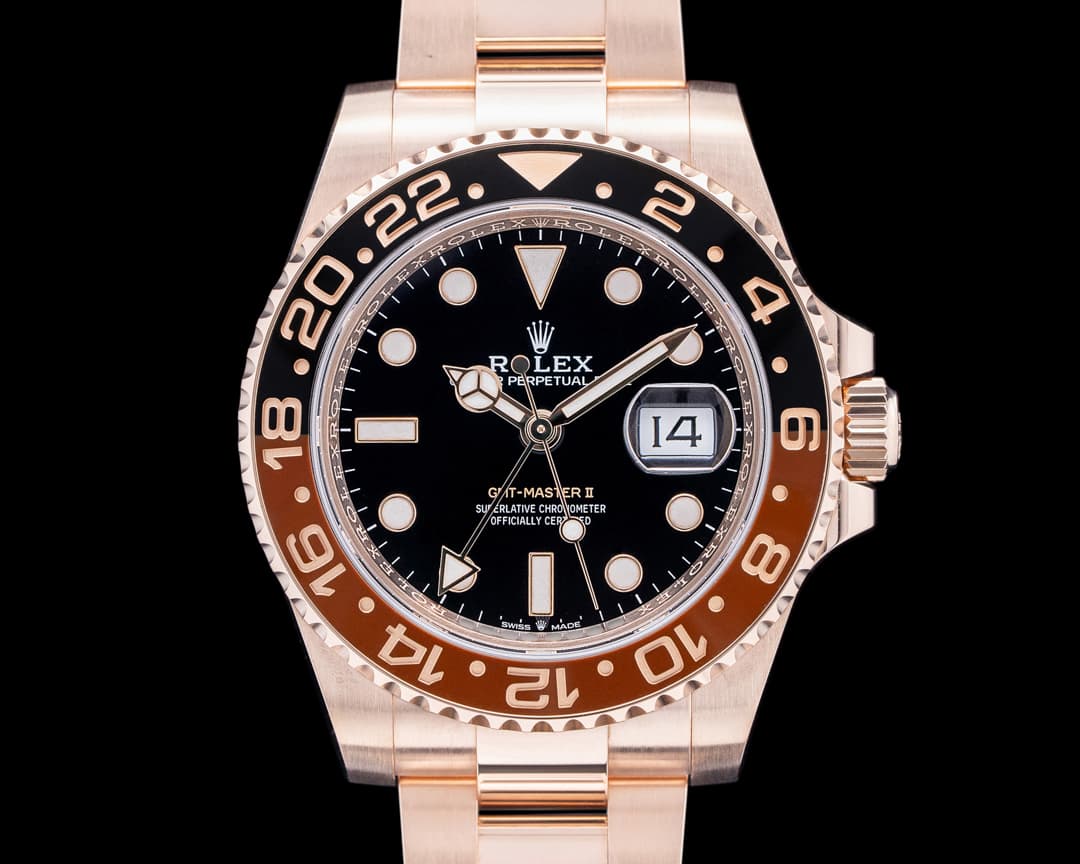 Rolex 126715 GMT Master II Ceramic Root Beer 18K Everose Black Dial