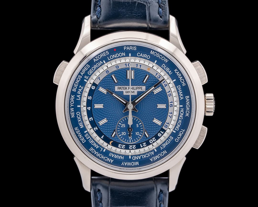 Patek Philippe World Time 5930G Chronograph 18k White Gold Blue Dial