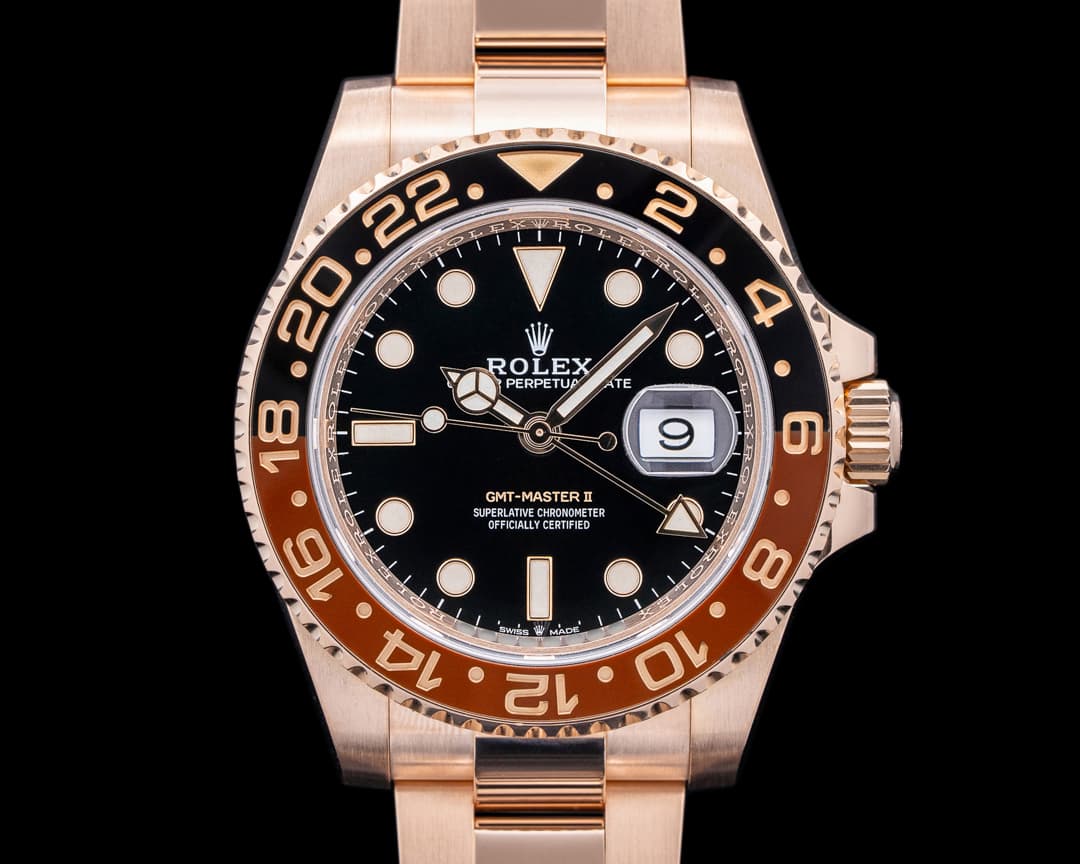 Rolex GMT Master II Ceramic Root Beer 18K Everose Black Dial