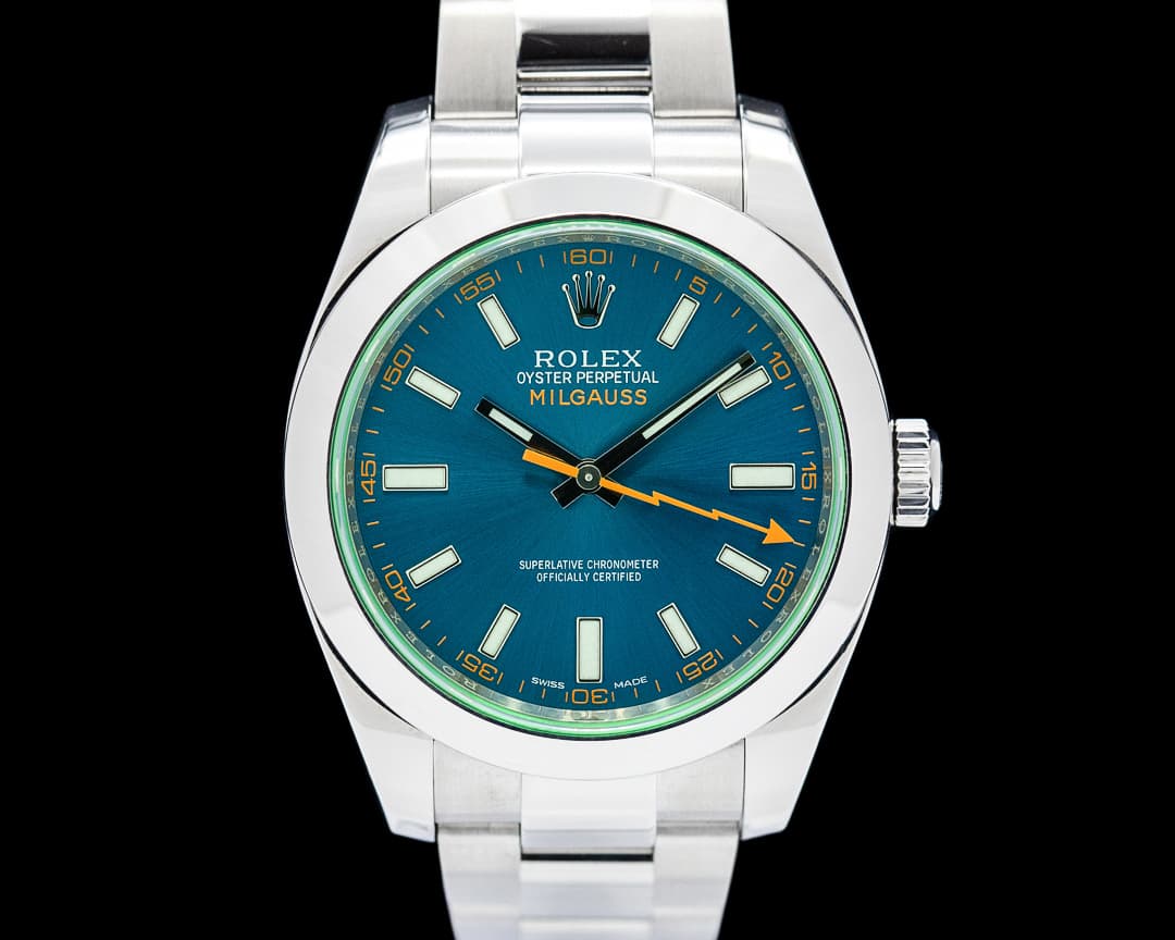 Rolex 116400GV Milgauss Green Sapphire SS Blue Dial