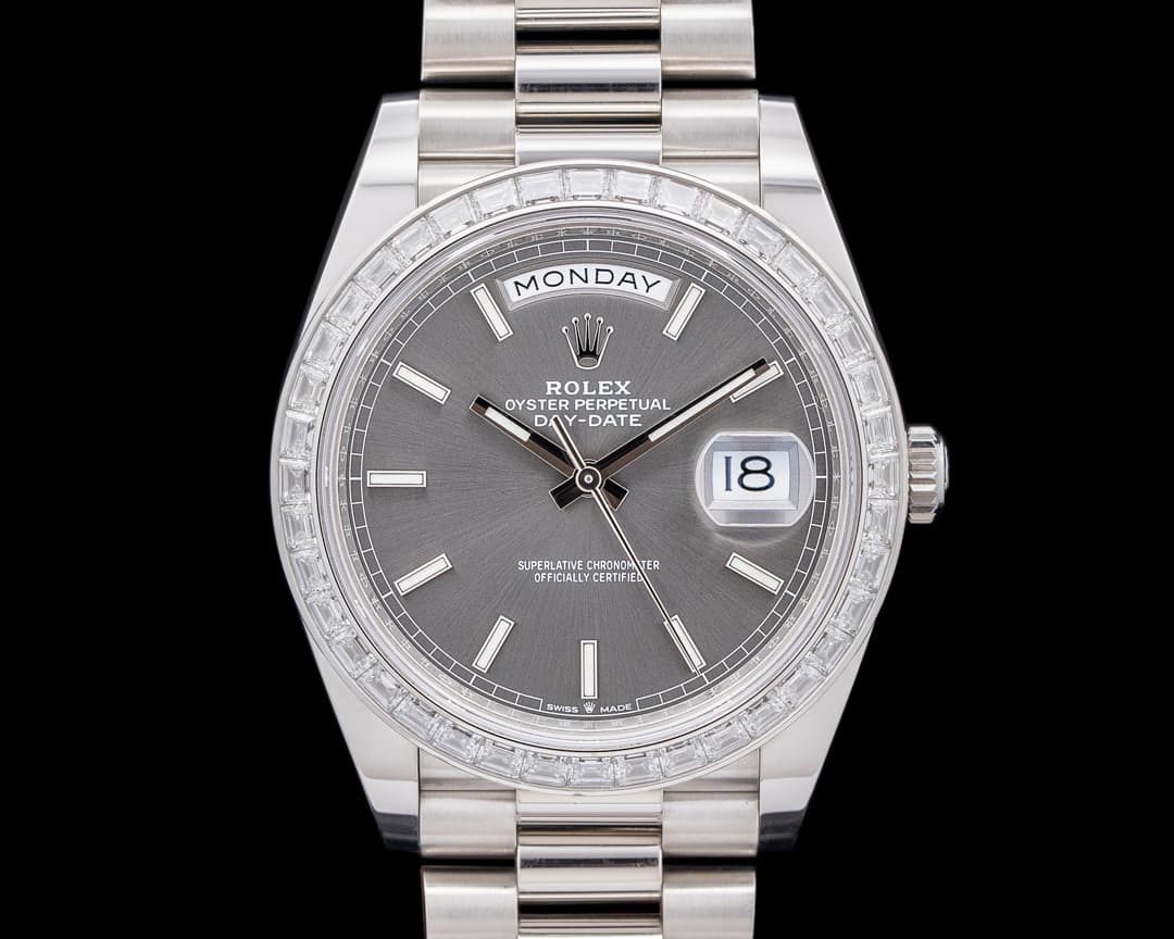 Rolex 228396TBR Day-Date 40 Platinum Diamond Bezel Gray Dial