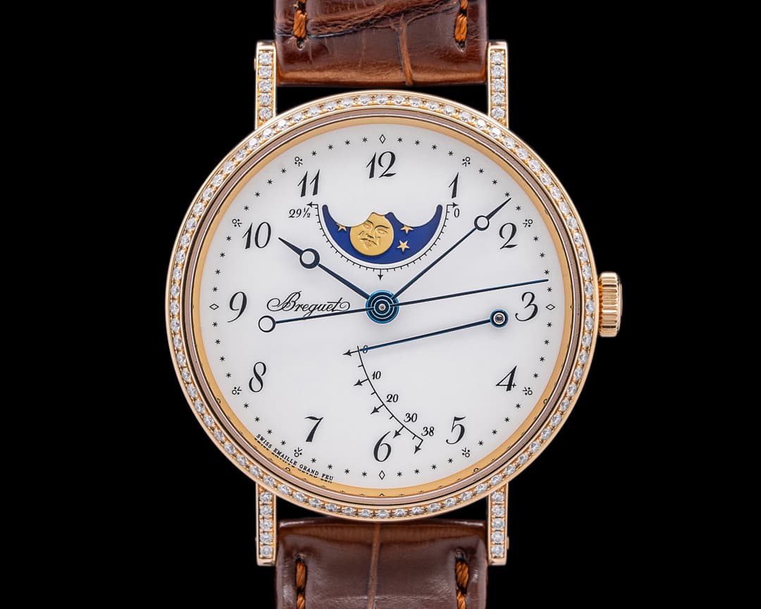 Breguet Classique Moonphase 18K Rose Gold Enamel Dial Diamond Bezel