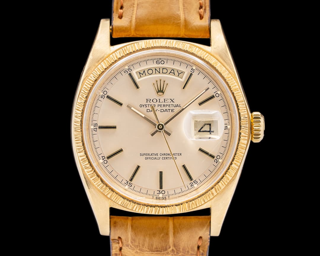 Rolex 1807 Day Date 18K Yellow Gold "Bark" Bezel C. 1972