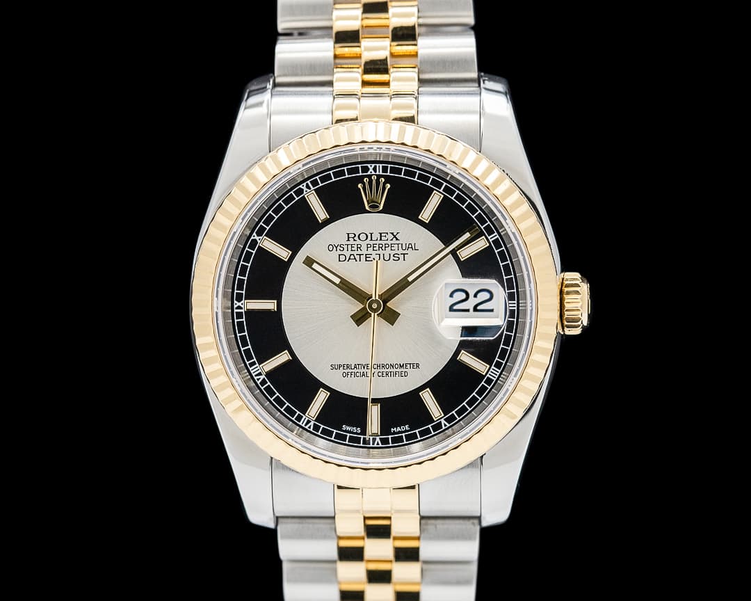 Rolex 116233 Datejust Two Tone Jubilee SS / 18K Yellow Gold Tuxedo Dial