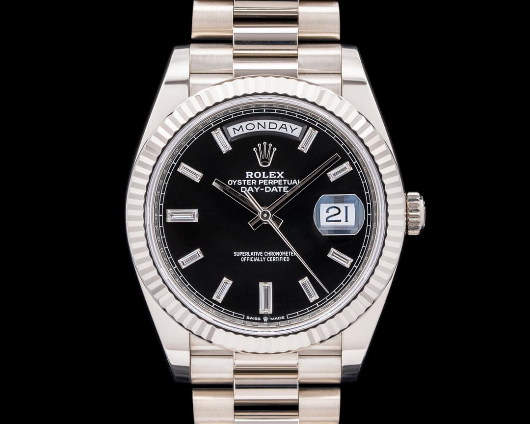 Rolex Day Date 40MM 228239 President 18K White Gold Black Diamond Dial