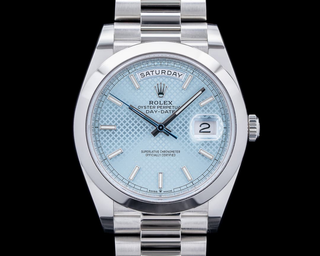 Rolex 228206 Day-Date President Platinum Ice Blue Diagonal Motif Dial