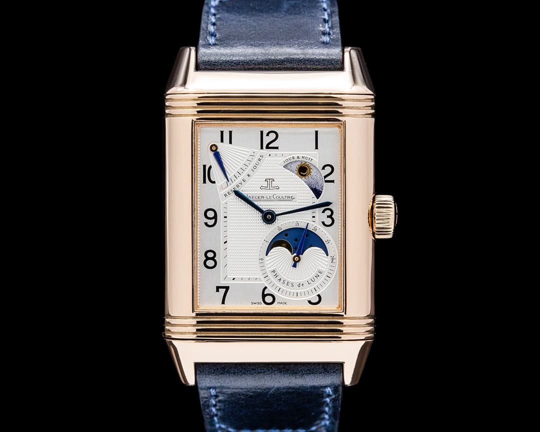 Jaeger LeCoultre 240.2.27 Grande Reverso Sun Moon 18K Rose Gold Silver Dial