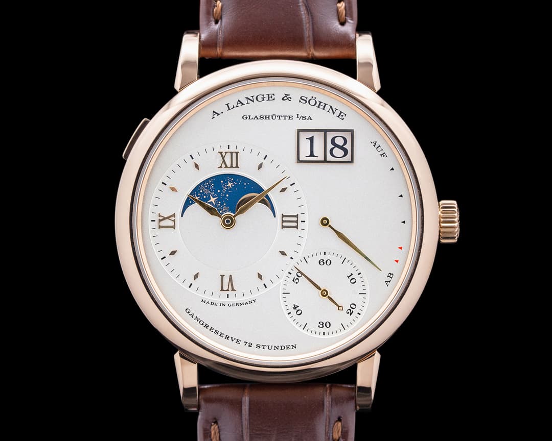 A. Lange and Sohne 139.032 Grand Lange 1 Moon Phase 18K Rose Gold Silver Dial