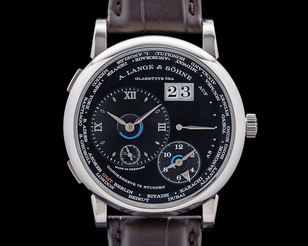 A. Lange and Sohne 136.029 Lange 1 Time Zone 18K White Gold Black Dial