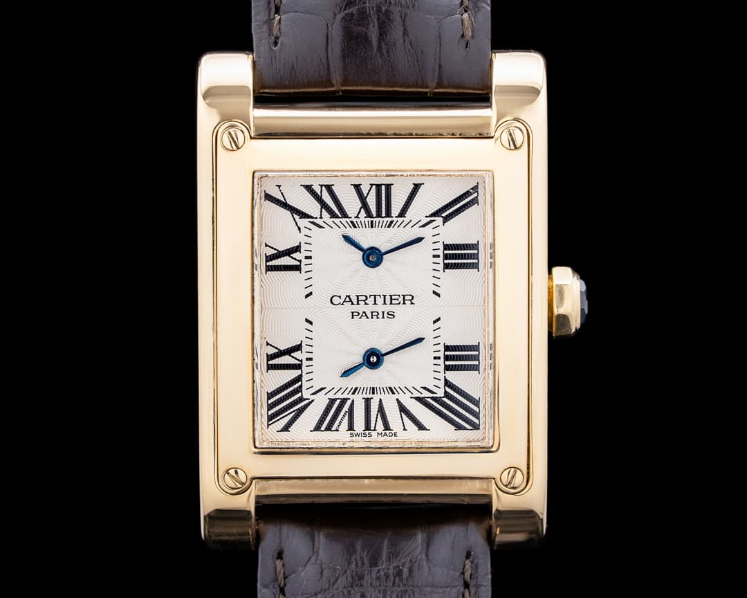 Cartier 2551 CPCP Tank a Vis Dual Time 18K Yellow Gold Silver Dial