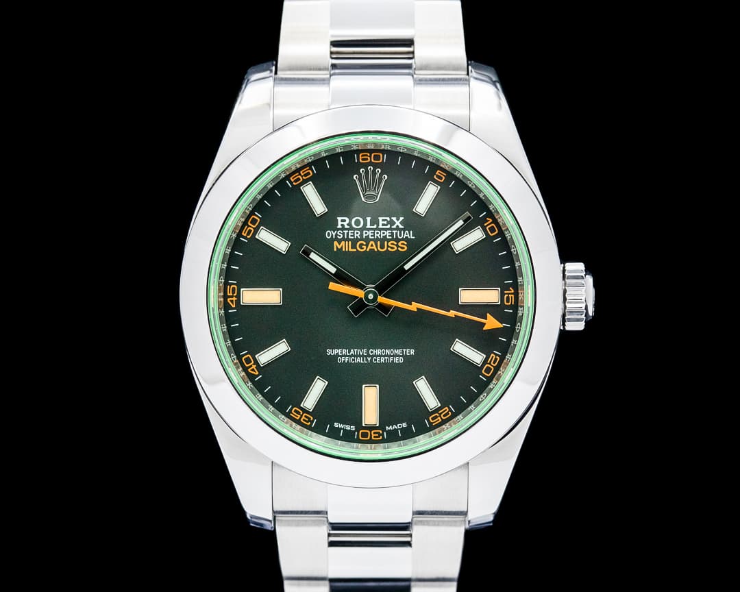 Rolex 116400GV Milgauss Green Crystal SS Black Dial