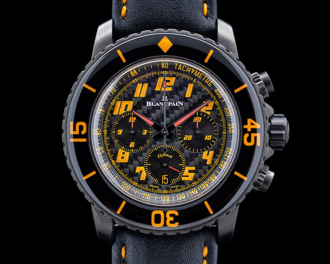 Image of Blancpain Fifty Fathoms Bathyscaphe Chronograph DLC Black Carbon Dial