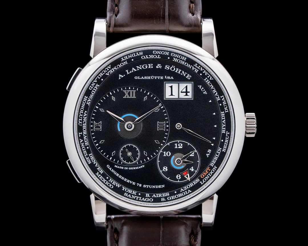 A. Lange and Sohne 136.029 Lange 1 Time Zone 18K White Gold Black Dial