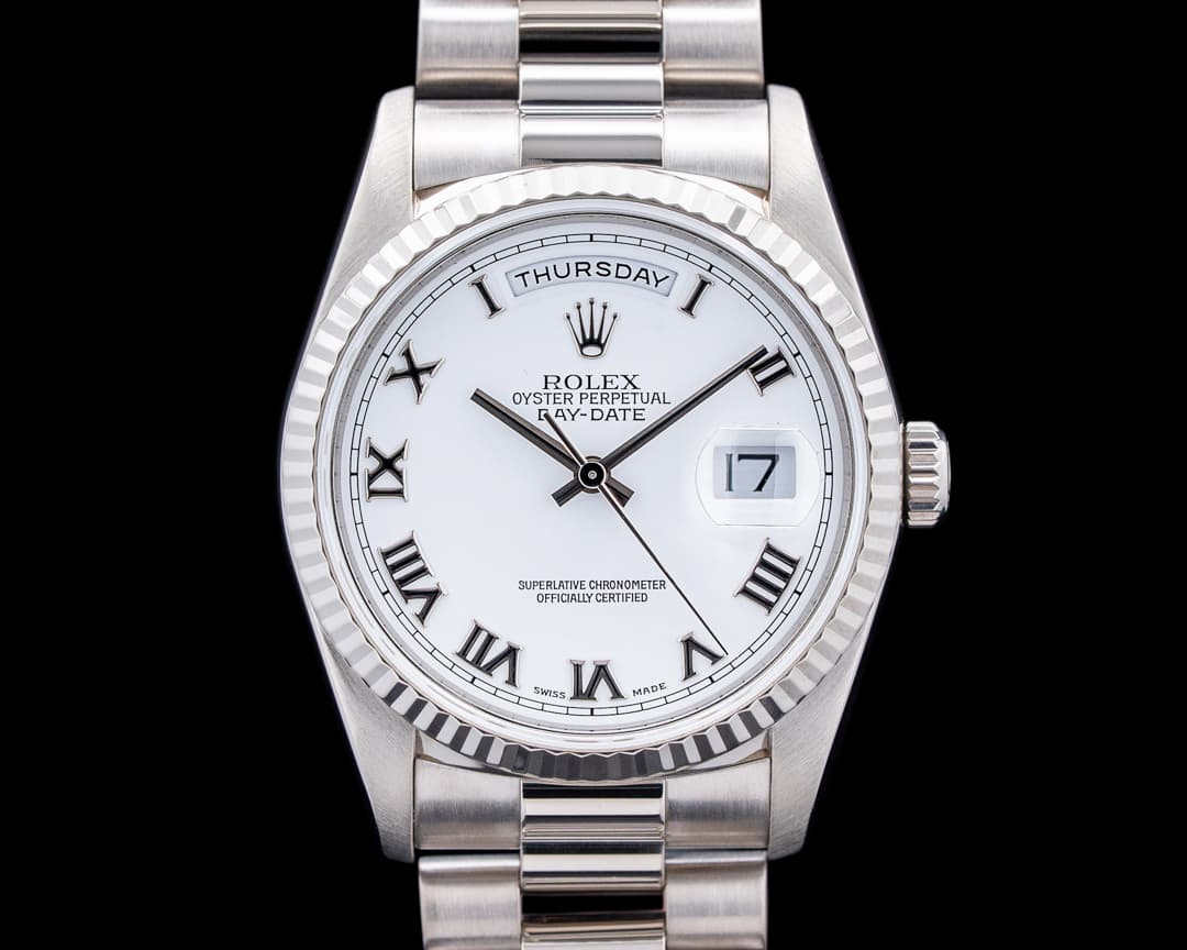 Rolex 18239 Day-Date President 18K White Gold Silver Roman Dial