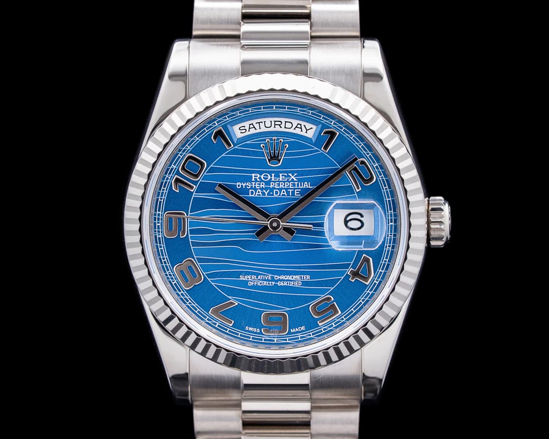Rolex Day-Date President 18K White Gold Blue Wave Dial Circa. 2006