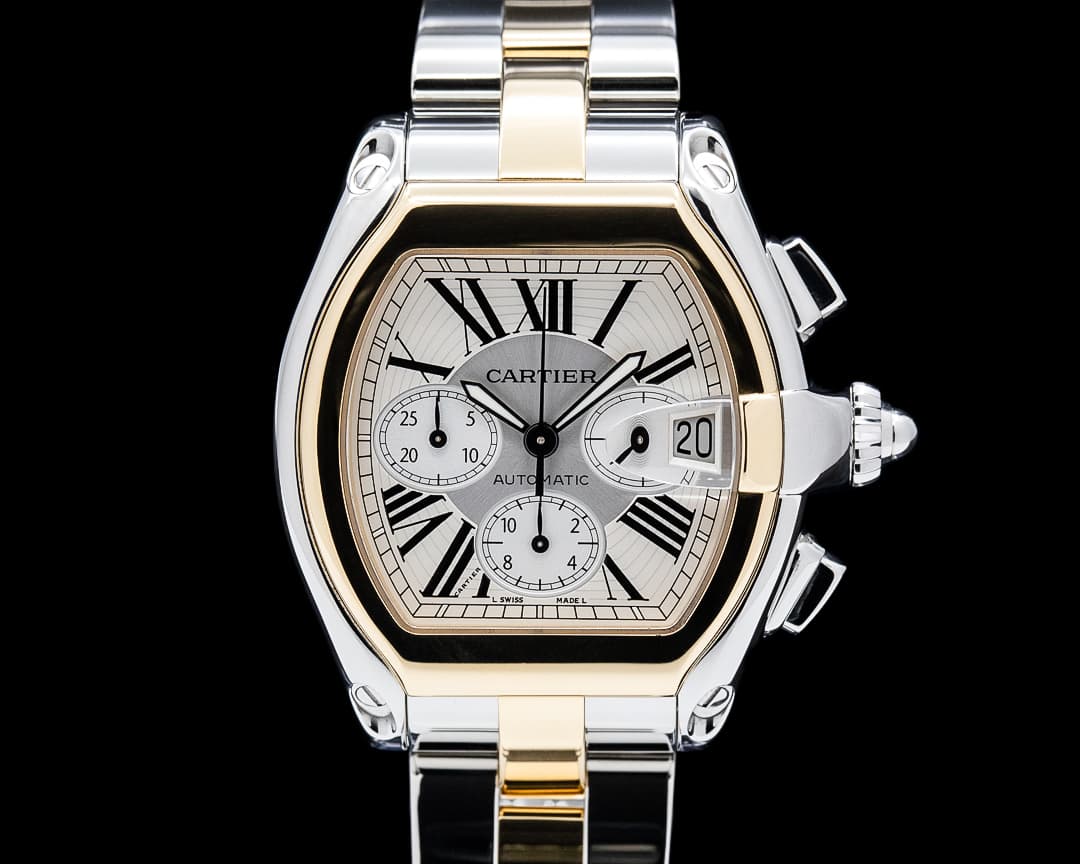 Cartier W62027Z1 Roadster XL Chronograph SS/ 18K Yellow Gold Silver Dial