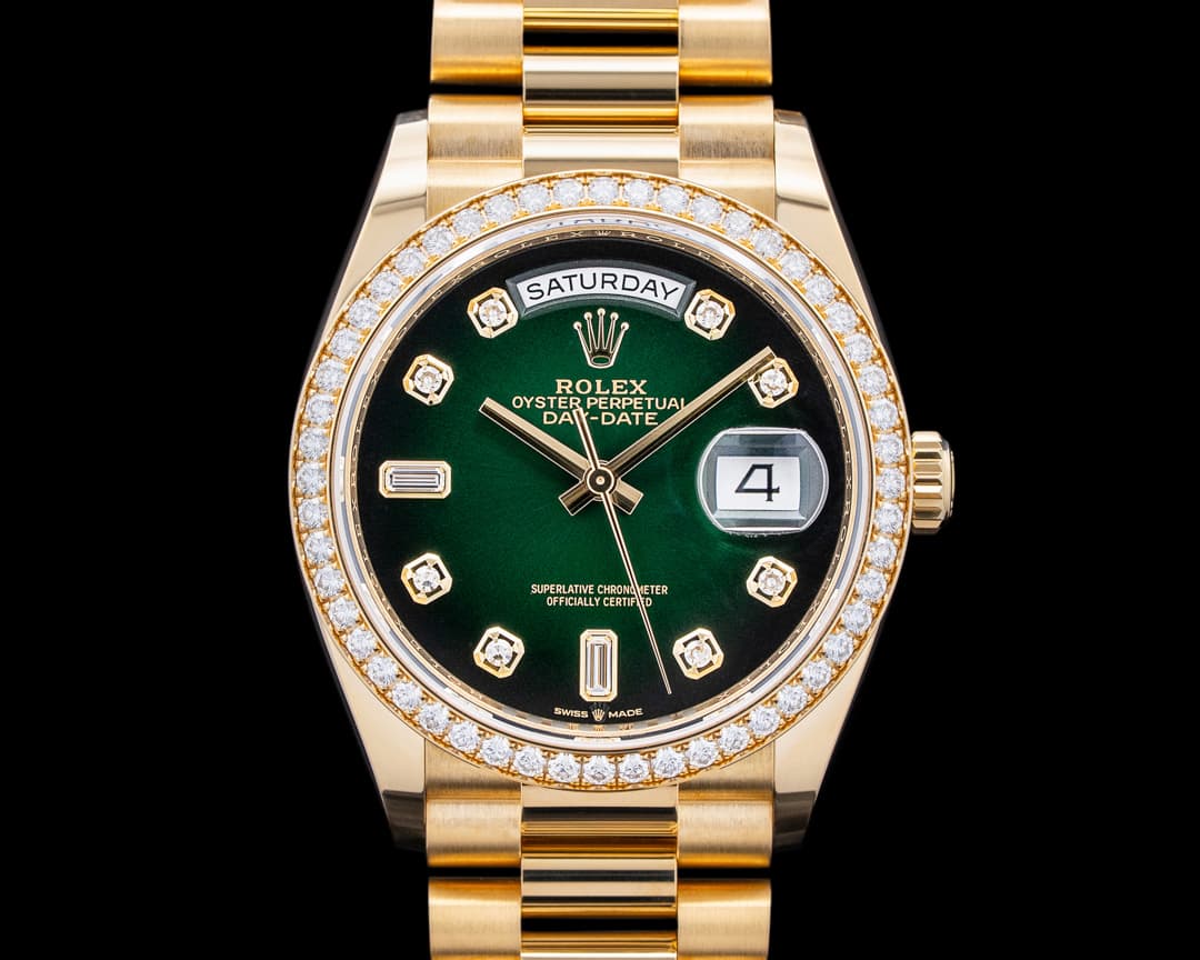 Rolex 128348RBR Day Date 36MM Diamonds 18K Yellow Gold Green Dial