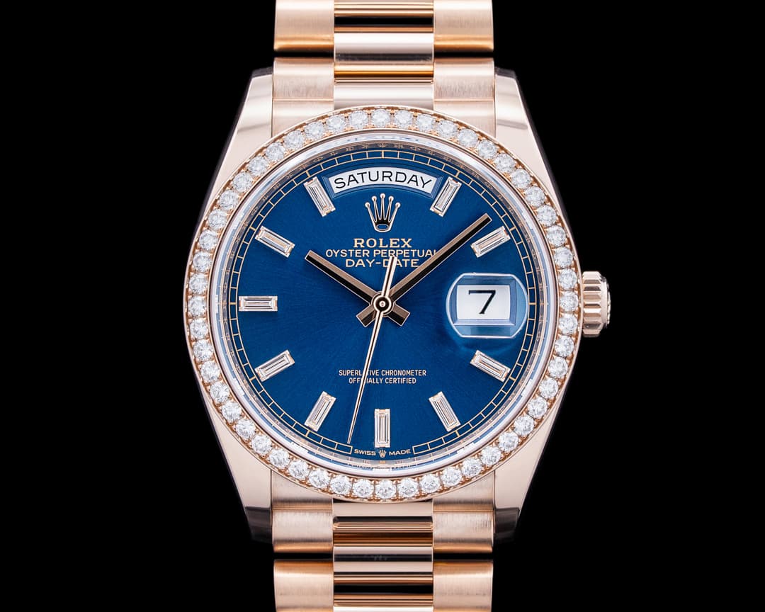 Rolex 128345RBR Day Date 36 18K Everose Gold Diamond Bezel Blue Dial 2025