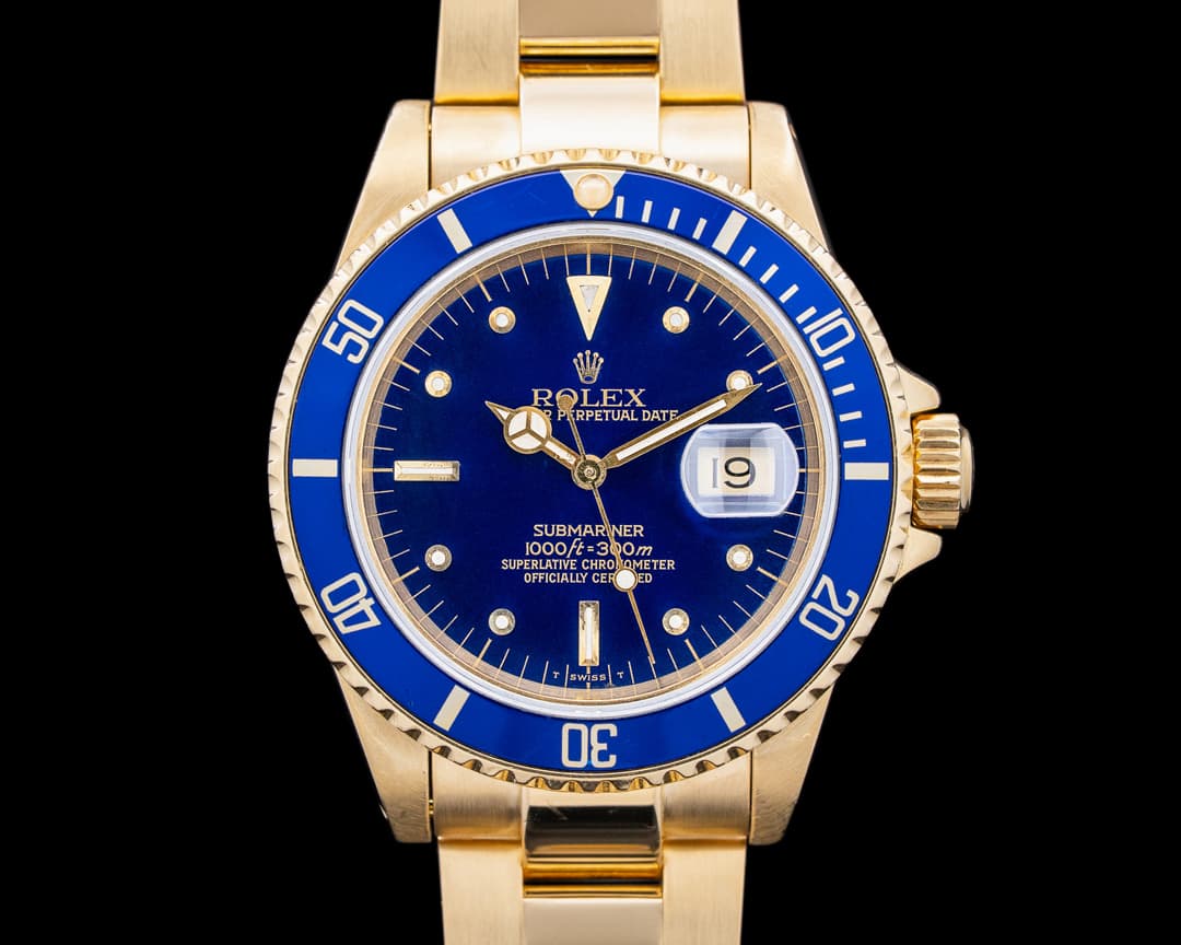 Rolex 16808 Submariner 18K Yellow Gold Blue Nipple Dial Circa. 1984
