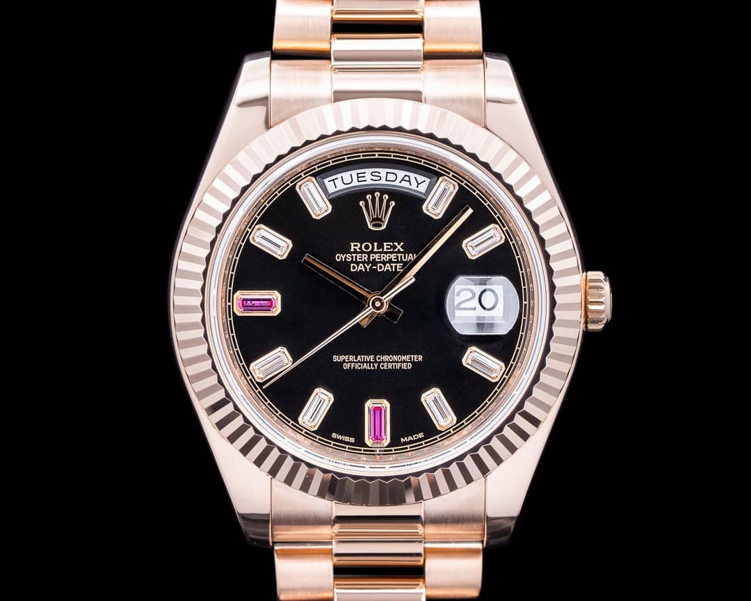 Rolex 218235 Day Date II 18K Everose Gold Black Ruby Baguette Dial