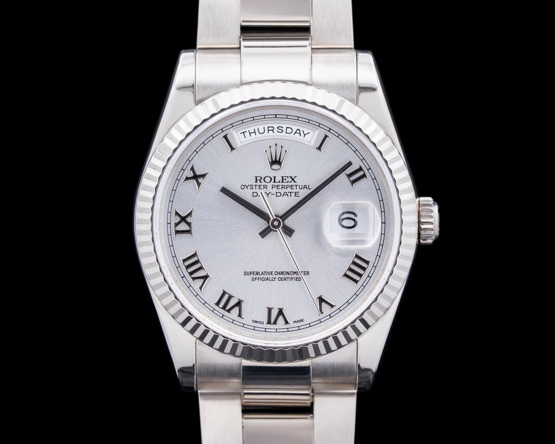 Rolex 118239 Day Date President 18K White Gold Silver Roman Dial