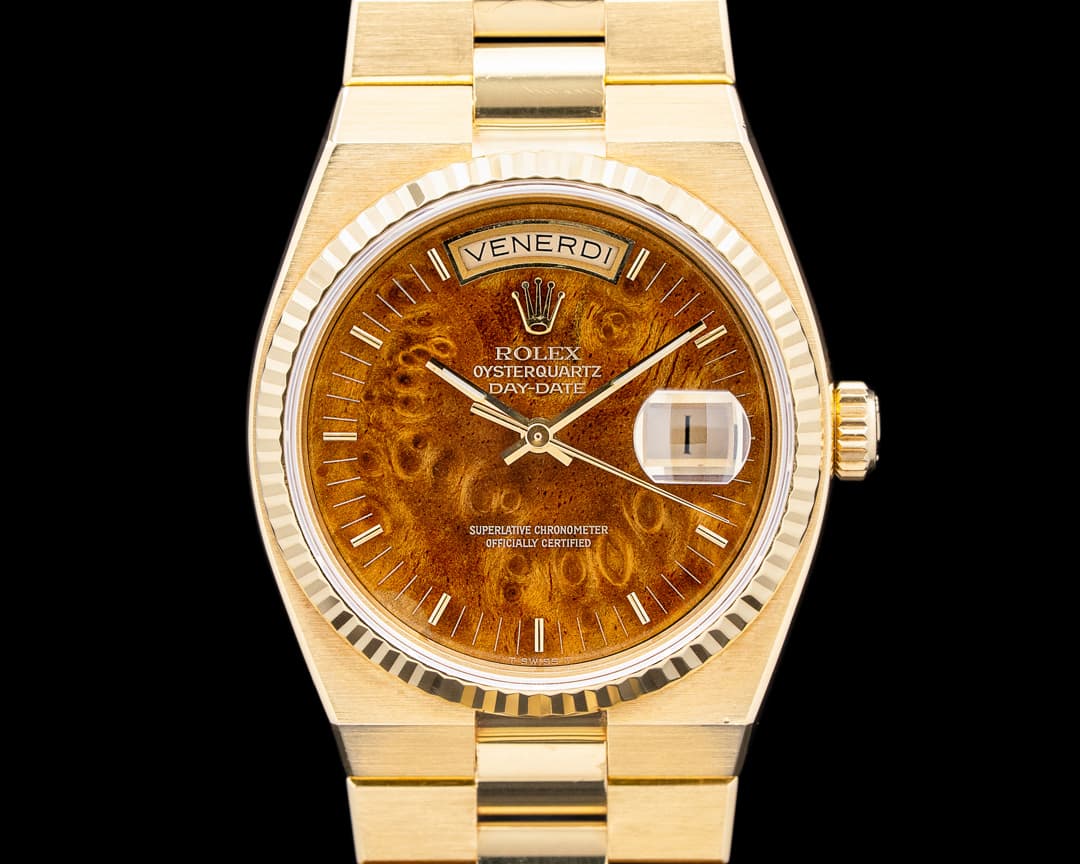 Image of Rolex 19018 Day Date Oysterquartz 18K Yellow Gold Burlwood Dial