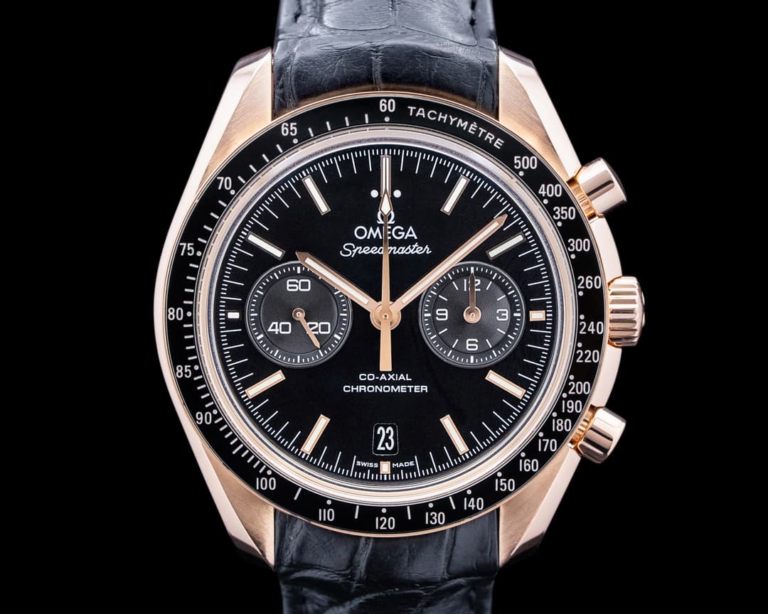 Omega Speedmaster Moonwatch Co-Axial 18K Rose Gold Black Enamel Dial