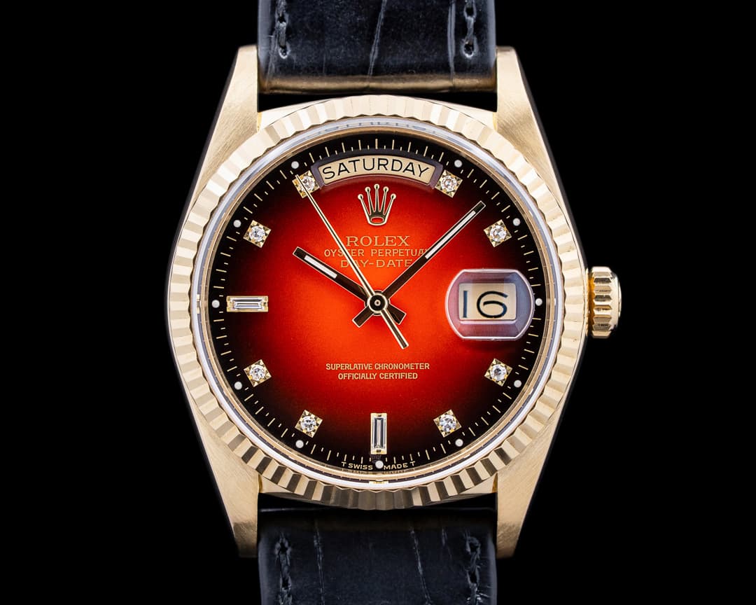 Rolex 18038 Day Date 36 18K YG Red Vignette Diamond Dial c. 1986