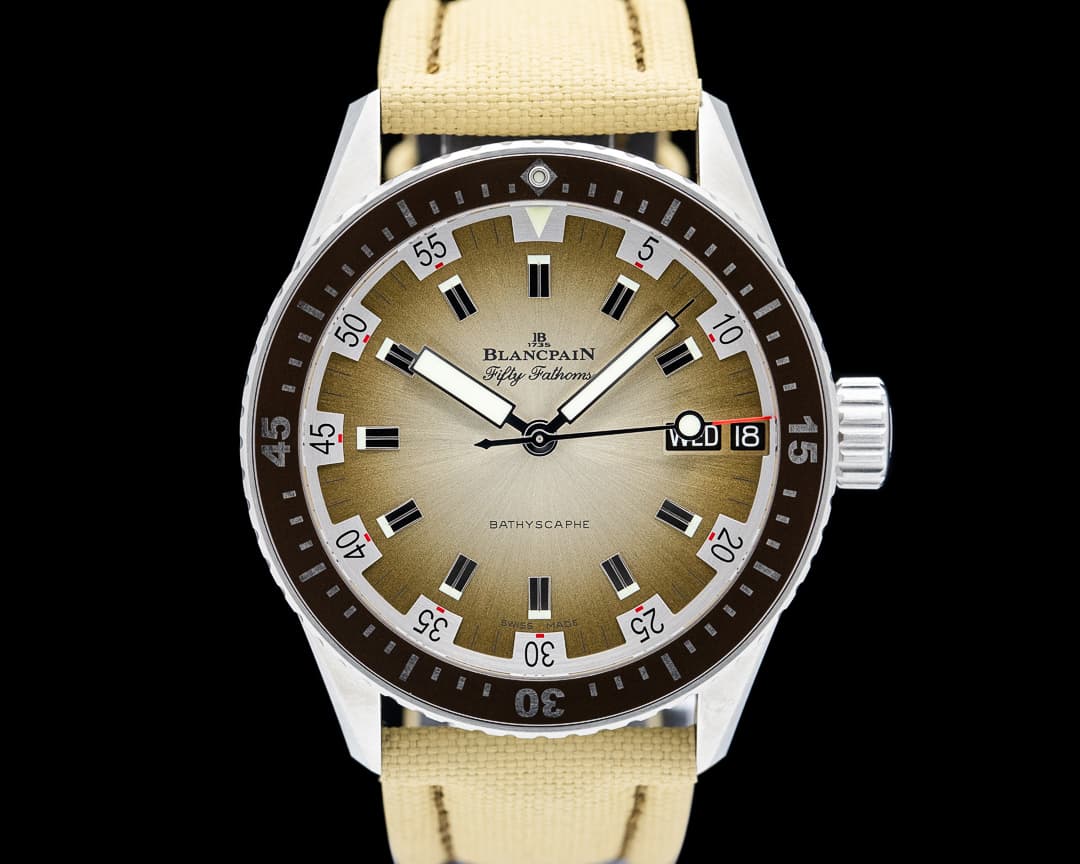 Image of Blancpain Fifty Fathoms Bathyscaphe Day Date Desert Edition SS Sand Gradient Dial