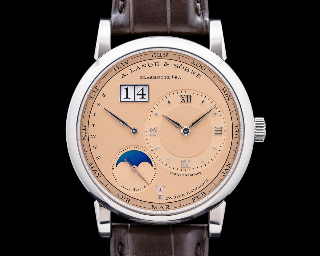 A. Lange and Sohne 345.056 Lange 1 Perpetual Calendar 18K White Gold Salmon Dial LIMITED
