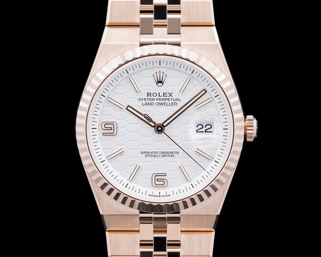 Rolex 127335 Land-Dweller 18K RG White Honeycomb Dial 2026 UNWORN