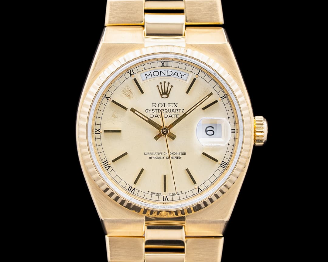 Rolex 19018 Oysterquartz Day Date 18K Yellow Gold Champagne Dial Circa. 1979