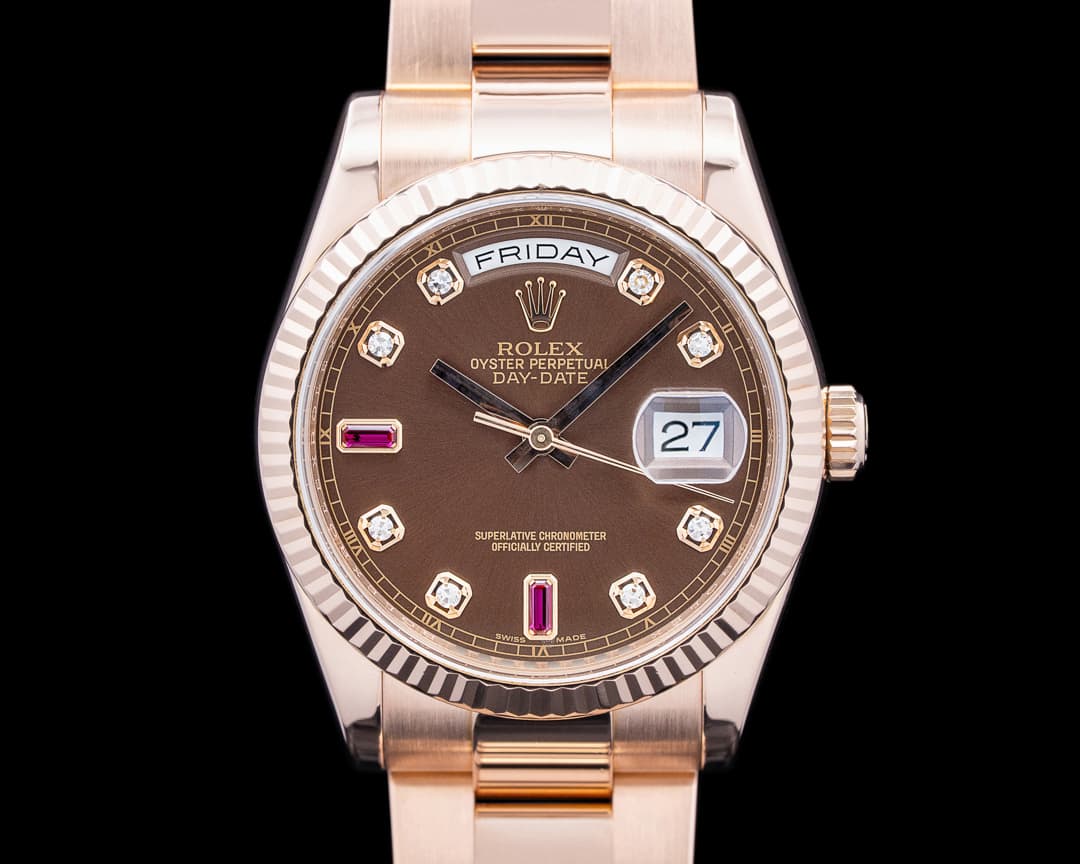 Image of Rolex 118238 Day Date 18K Rose Gold Chocolate Diamond Ruby Dial