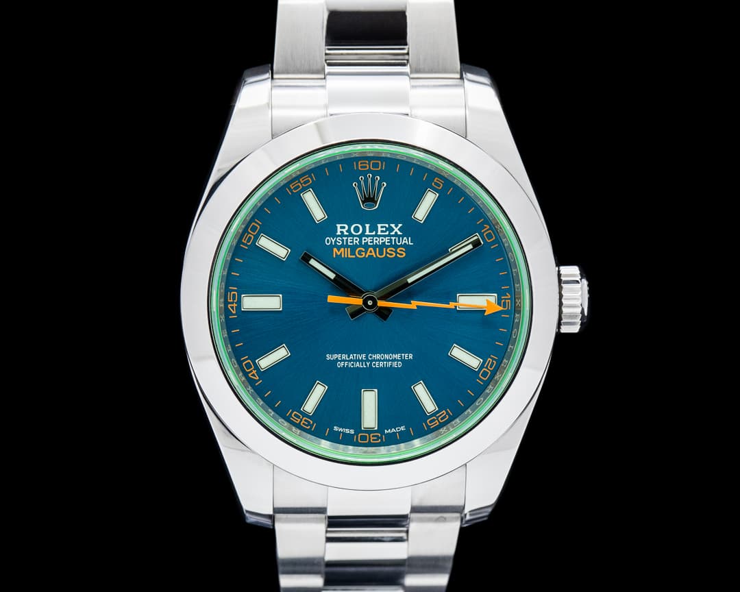 Rolex 116400GV Milgauss Green Crystal SS Black Dial
