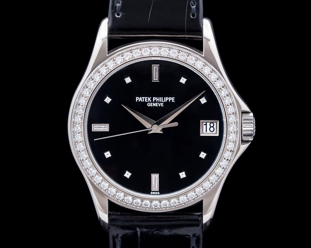 Patek Philippe 5108G Calatrava 18K White Gold Diamond Bezel Black Diamond Dial