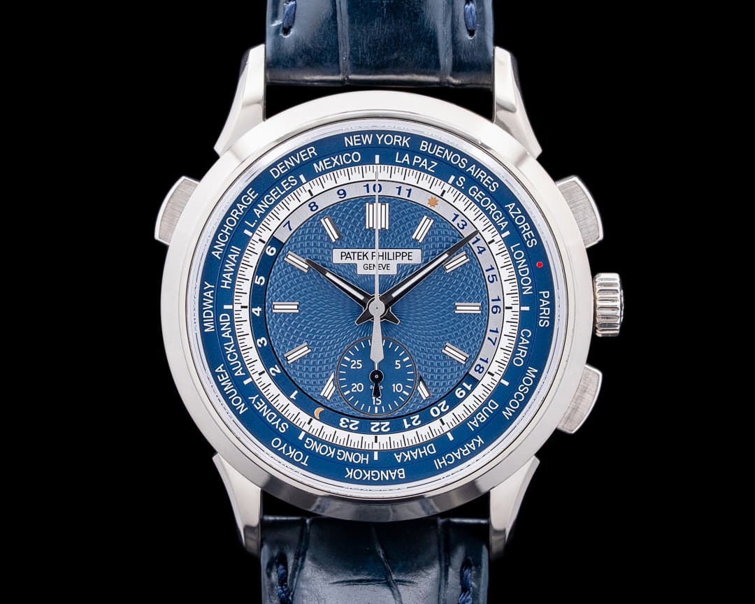 Patek Philippe 5930G World Time Chronograph 18K White Gold Blue Dial