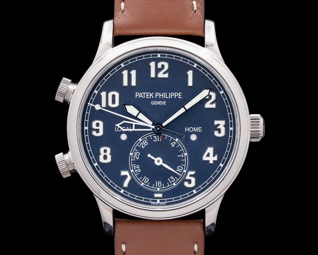 Image of Patek Philippe 5524G Calatrava Pilot Travel Time 18K White Gold Blue Dial