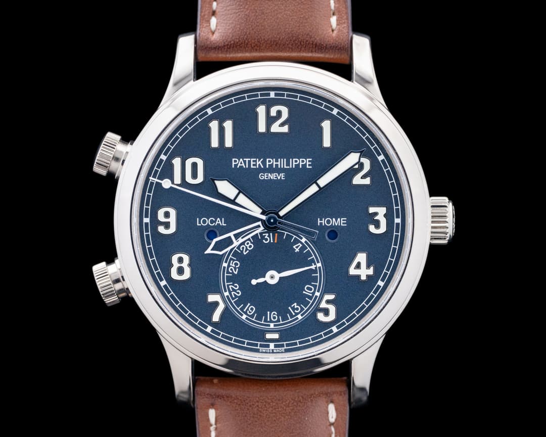Image of Patek Philippe 5524G Calatrava Pilot Travel Time 18K White Gold Blue Dial