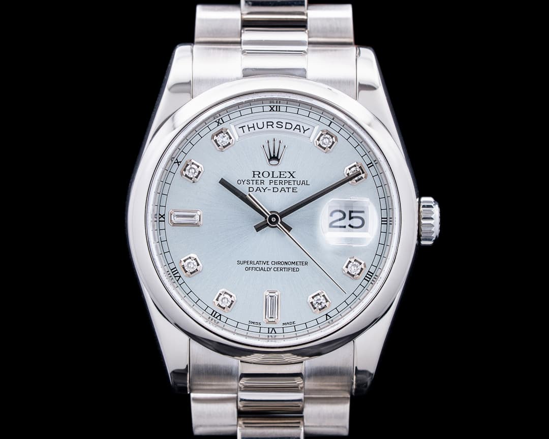 Image of Rolex 118209 Day-Date 36 18K White Gold Blue Diamond Dial Circa. 2000