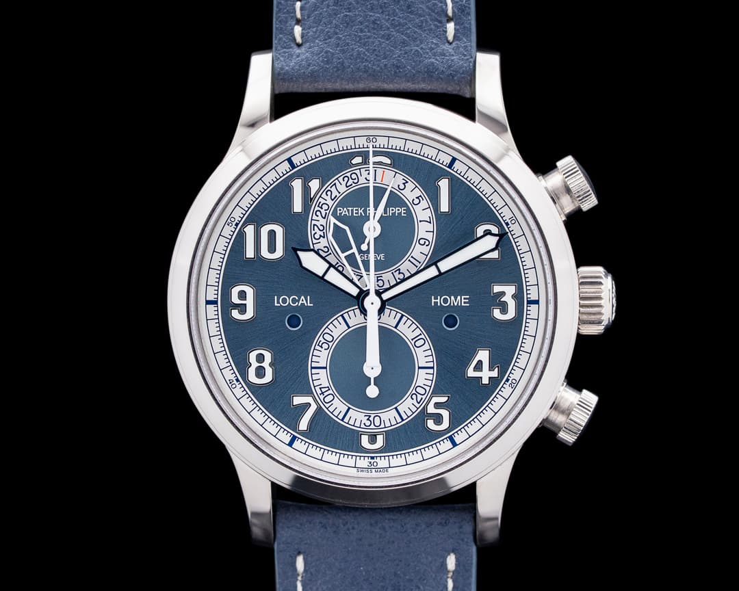 Image of Patek Philippe 5924G Calatrava Pilot Travel Time Chronograph 18K White Gold Blue Dial