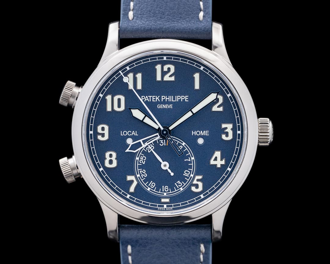Image of Patek Philippe 5524G Calatrava Pilot Travel Time 18K White Gold Blue Dial