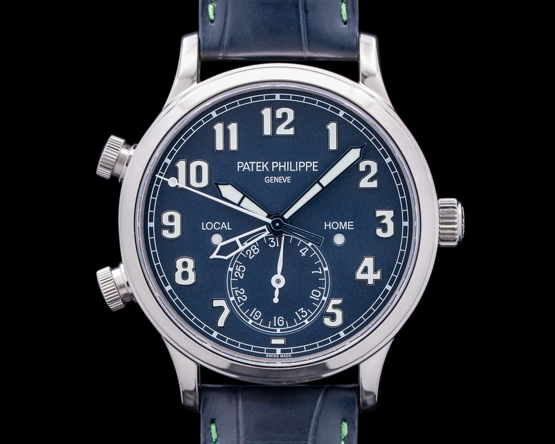 Image of Patek Philippe 5524G Calatrava Pilot Travel Time 18K White Gold Blue Dial