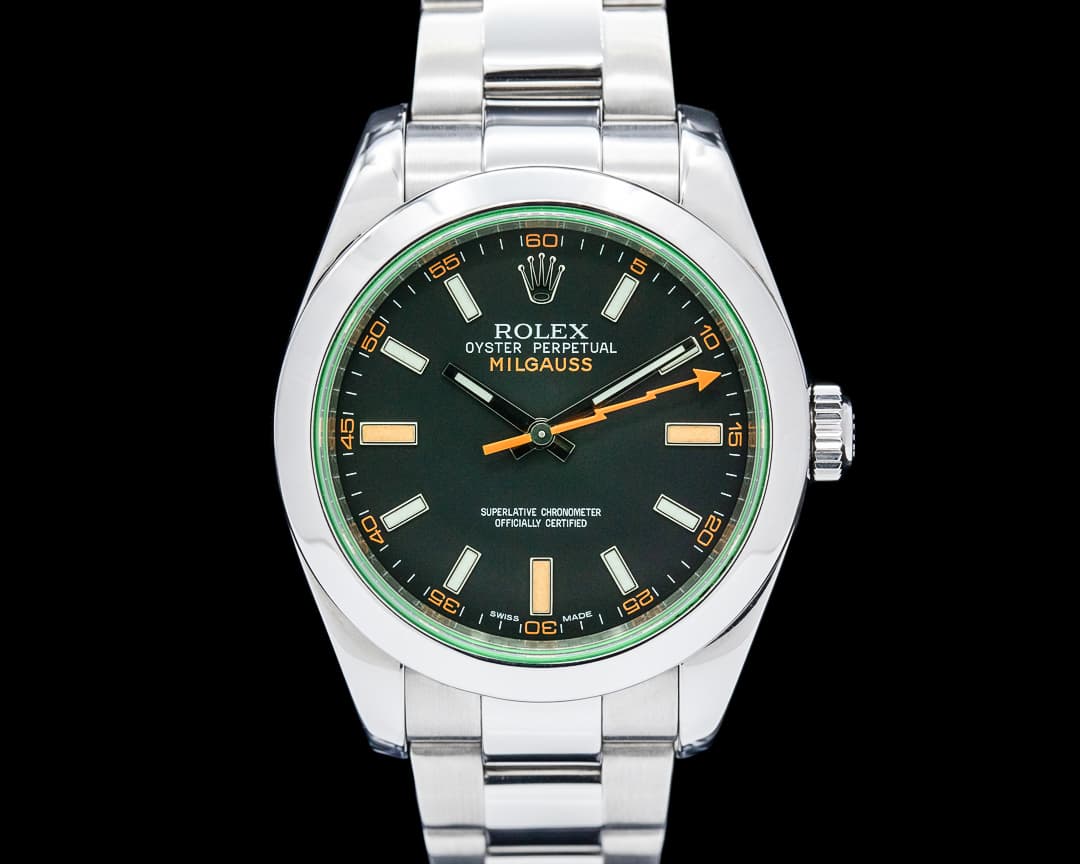 Rolex 116400GV Milgauss Green Crystal SS Black Dial