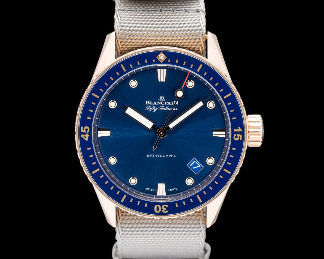 Blancpain 5000 Fifty Fathoms Bathyscaphe 18K Rose Gold Blue Dial