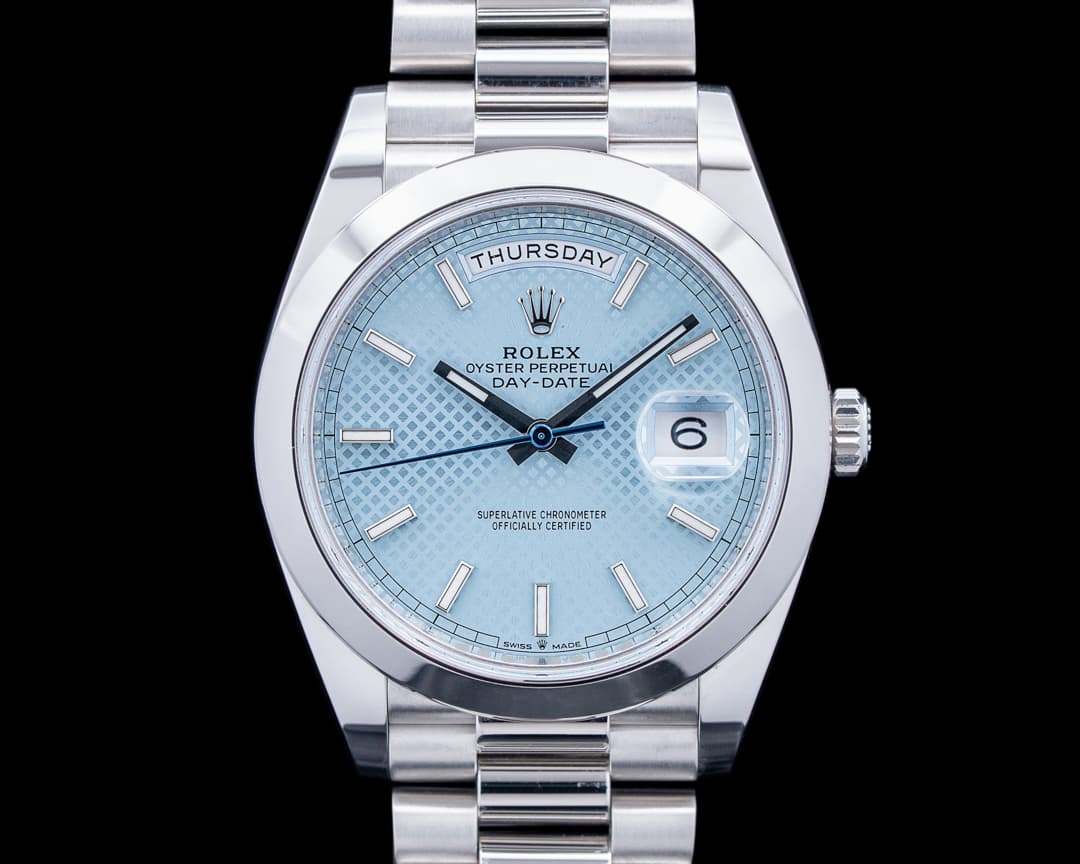 Image of Rolex 228206 Day-Date President Platinum Ice Blue Diagonal Motif Dial