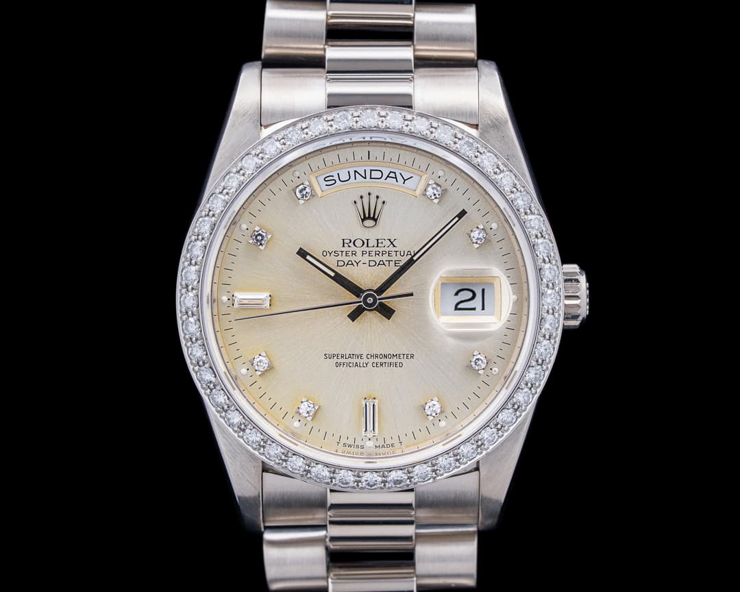 Rolex 18349 Day-Date President Diamonds 18K WG Champagne Dial Circa. 1989