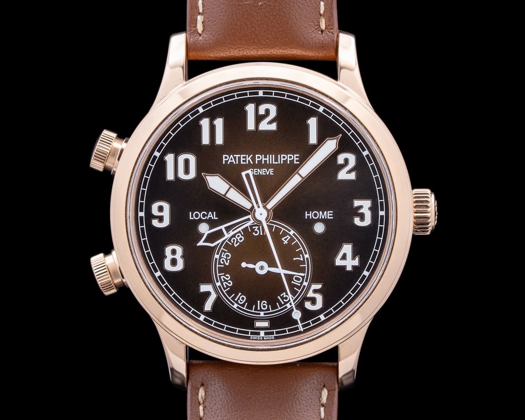 Image of Patek Philippe 5524R Calatrava Pilot Travel Time 18K Rose Gold Brown Dial