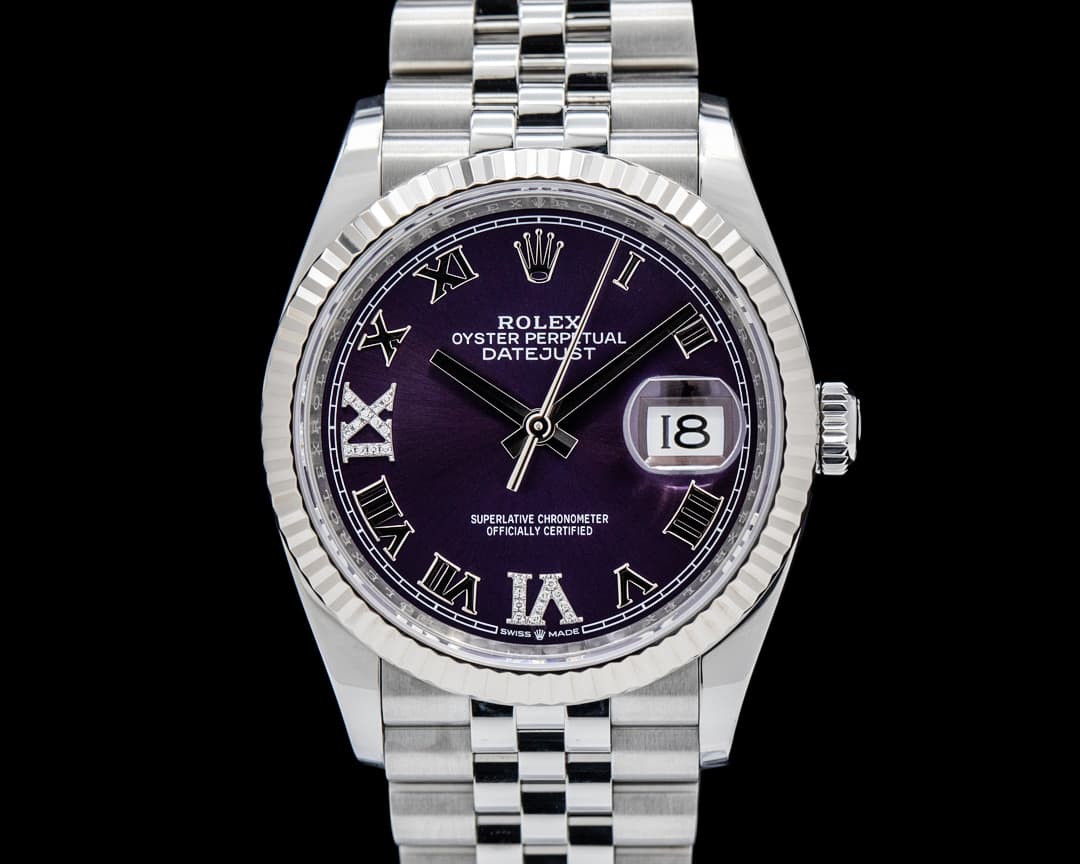 Rolex Datejust 36 Jubilee SS Fluted Roman Purple Diamonds Dail