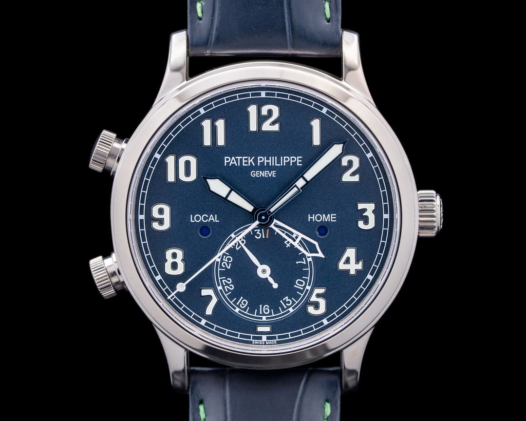 Image of Patek Philippe 5524G Calatrava Pilot Travel Time 18K White Gold Blue Dial